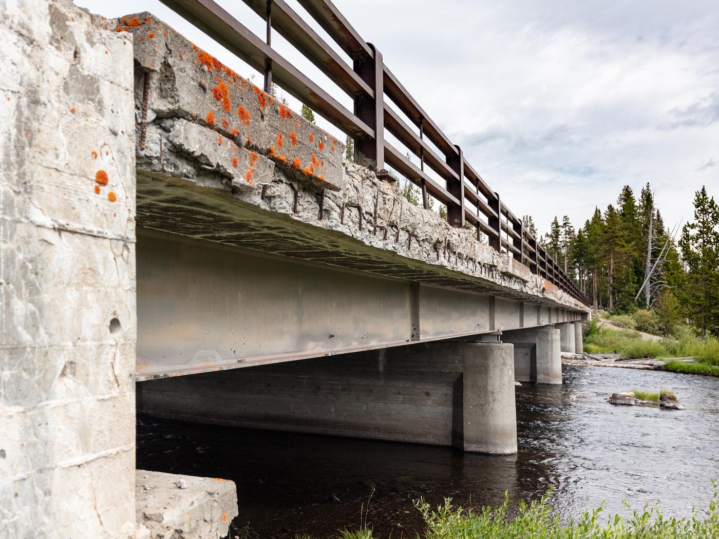 Looking along the side of a steel girder bridge over a river. The concrete deck edge under the steel railing is badly spalled, with exposed reinforcing bars. Below it run the steel girder and a concrete pier standing in the water, with drift logs on the far bank.