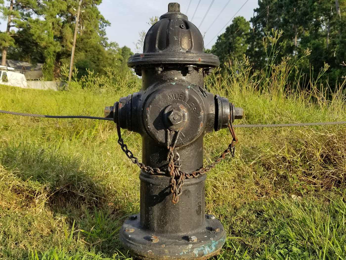 A black cast-iron fire hydrant stands in tall roadside grass. Its bonnet paint is chipped, the cap chains are rusted, a steel cable runs across the front at nozzle height, and the base flange shows patches of paint loss.