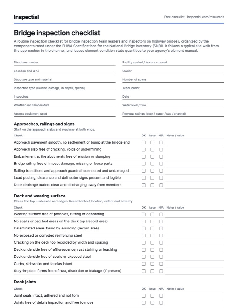 First page of the free Bridge inspection checklist PDF