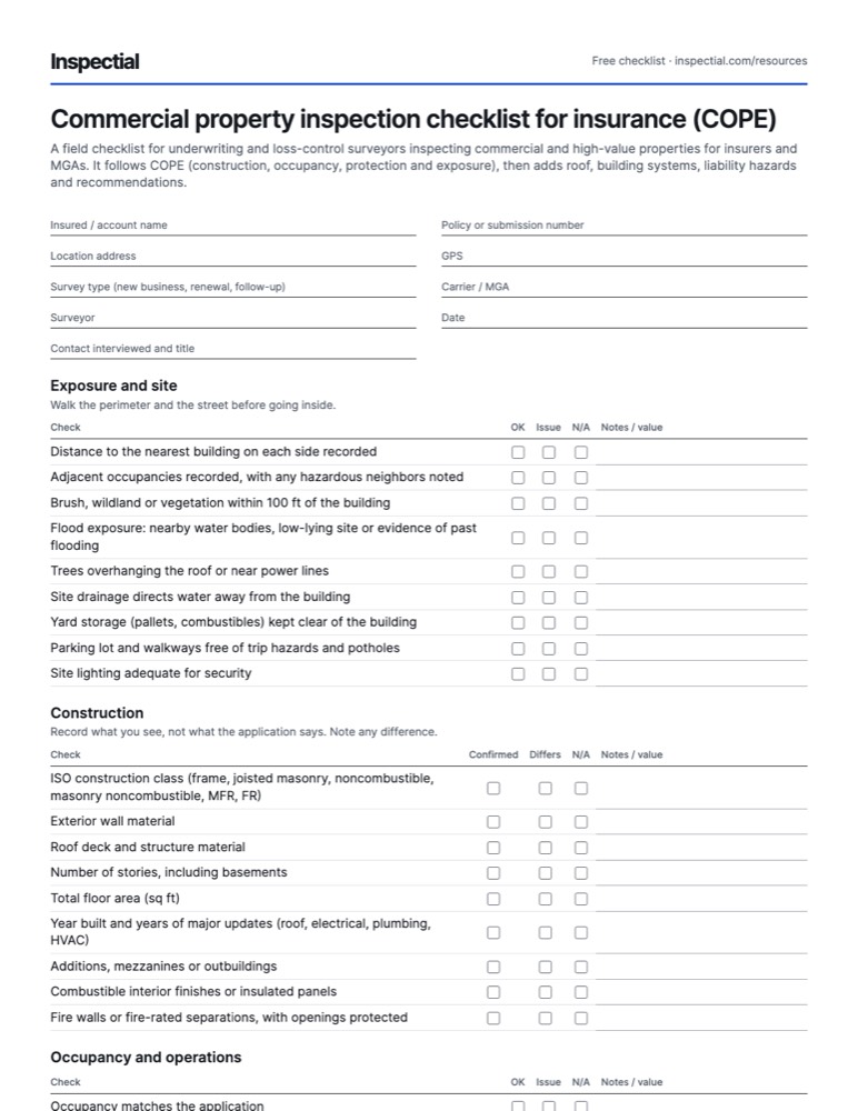 First page of the free Commercial property inspection checklist for insurance (COPE) PDF