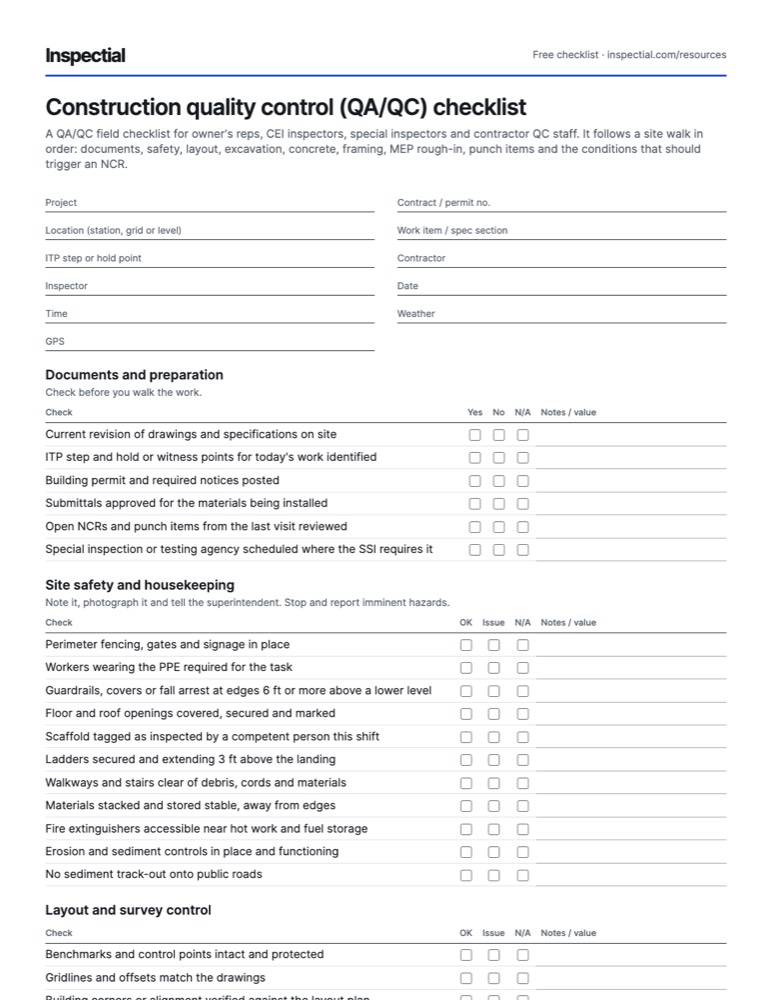 First page of the free Construction quality control (QA/QC) checklist PDF