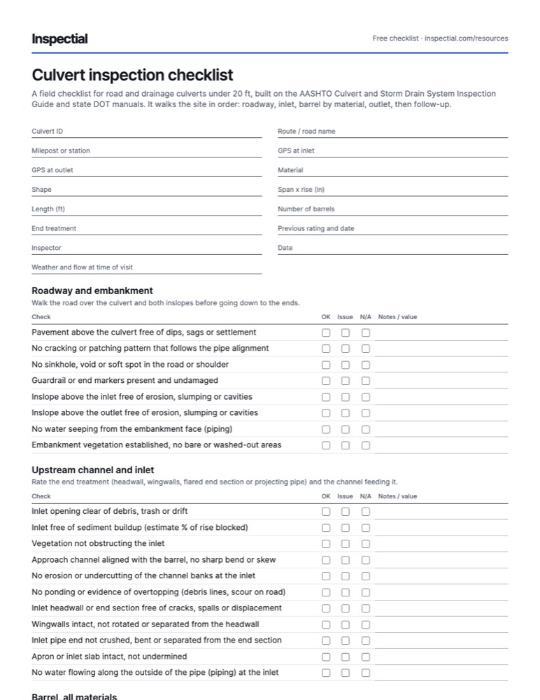 First page of the free Culvert inspection checklist PDF