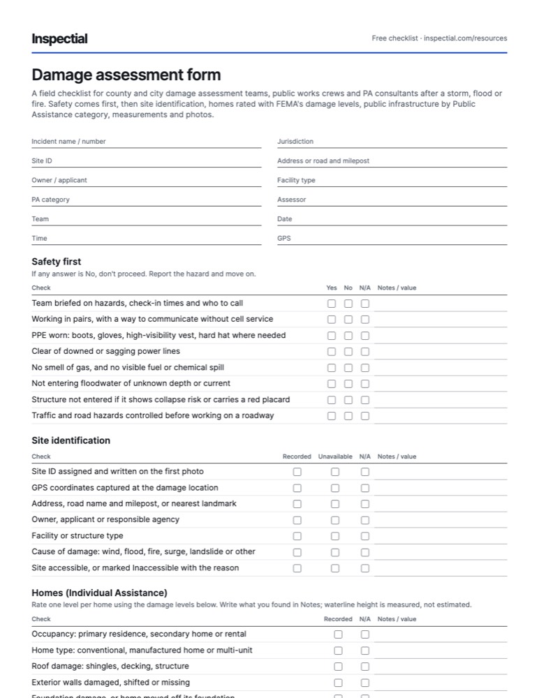First page of the free Damage assessment form PDF