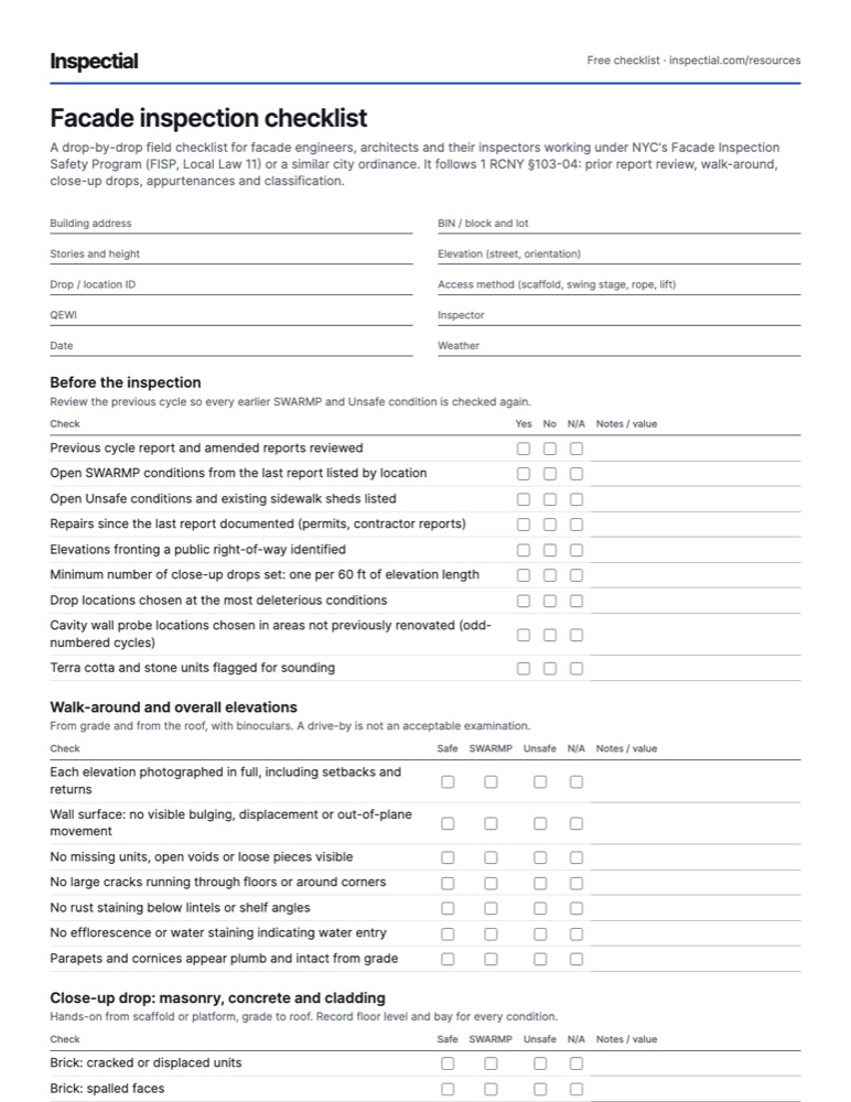 First page of the free Facade inspection checklist PDF