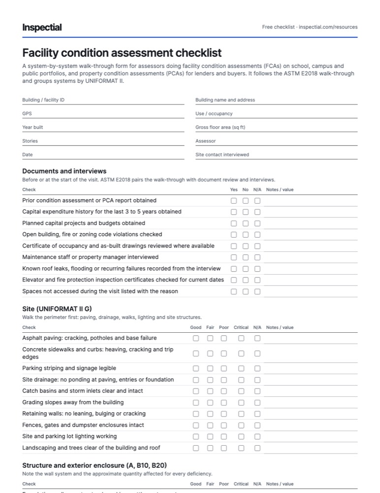 First page of the free Facility condition assessment checklist PDF