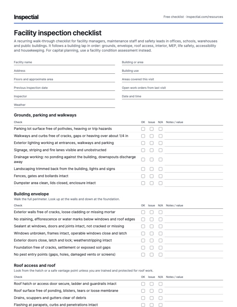 First page of the free Facility inspection checklist PDF