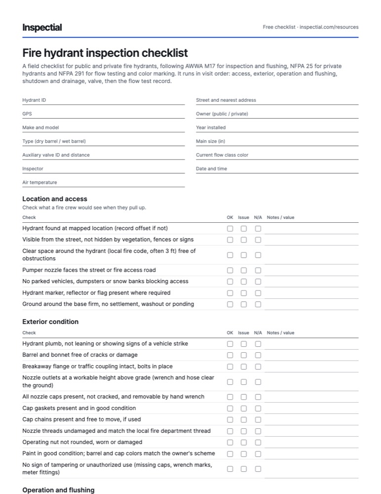 First page of the free Fire hydrant inspection checklist PDF