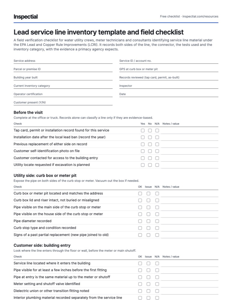 First page of the free Lead service line inventory template and field checklist PDF