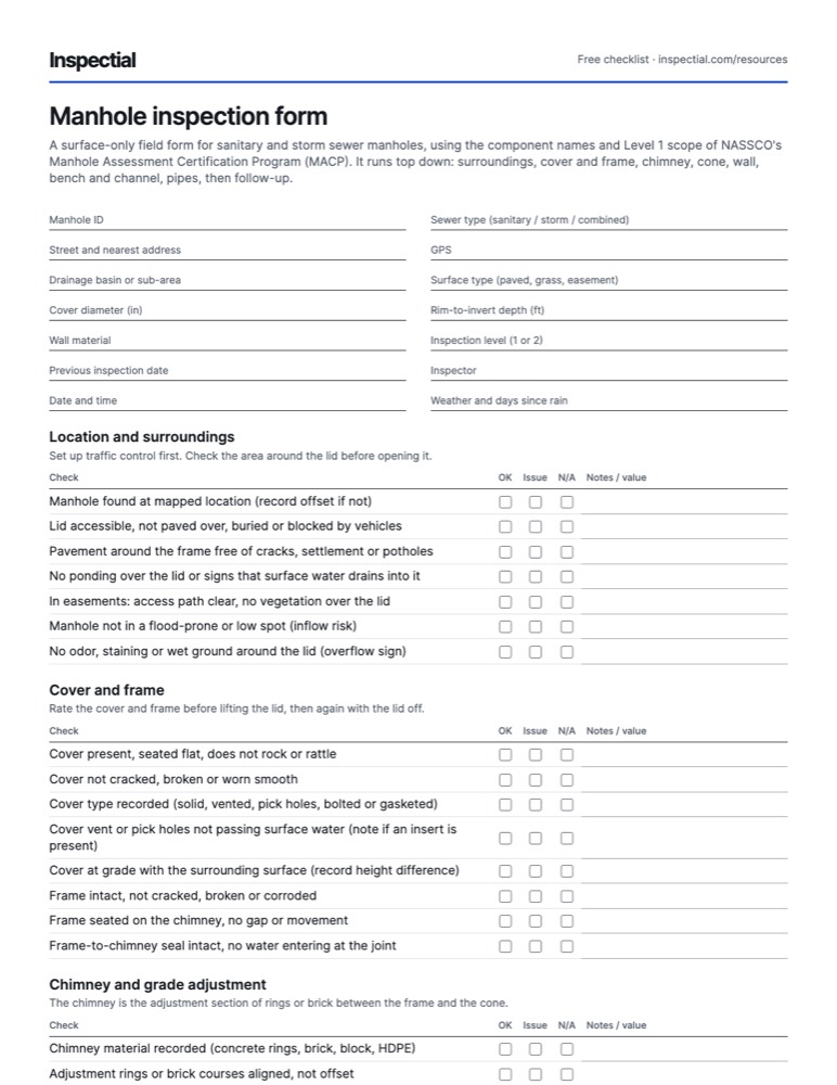 First page of the free Manhole inspection form PDF