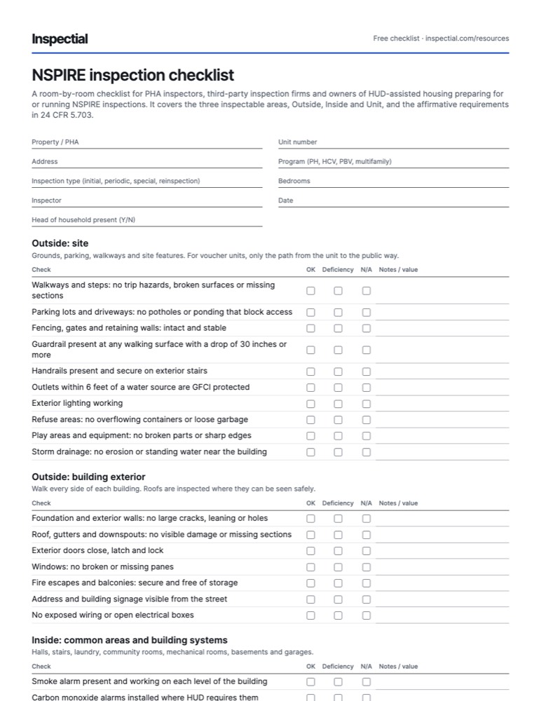 First page of the free NSPIRE inspection checklist PDF