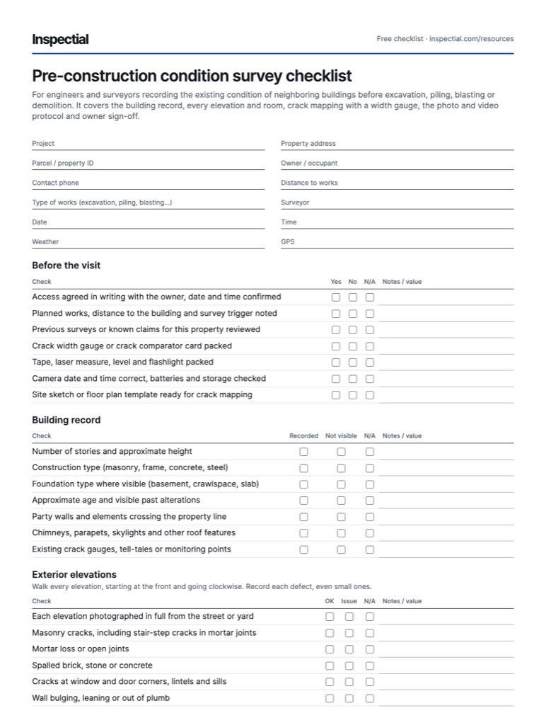 First page of the free Pre-construction condition survey checklist PDF