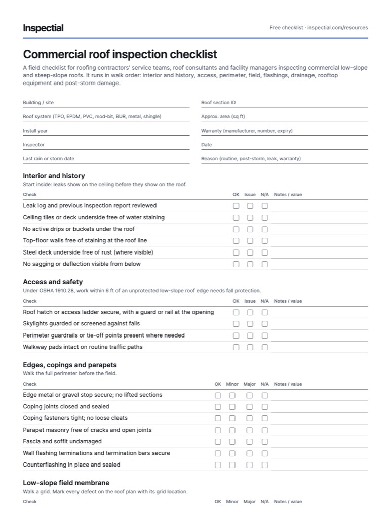 First page of the free Commercial roof inspection checklist PDF