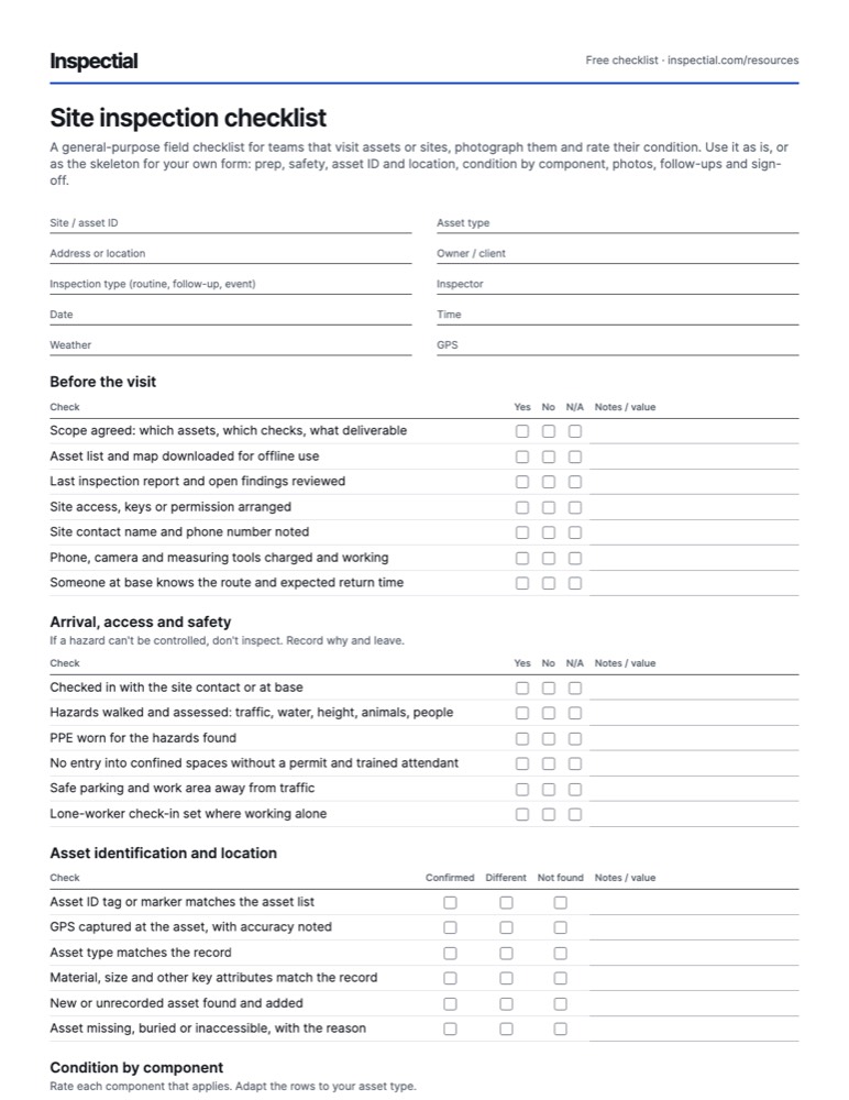 First page of the free Site inspection checklist PDF