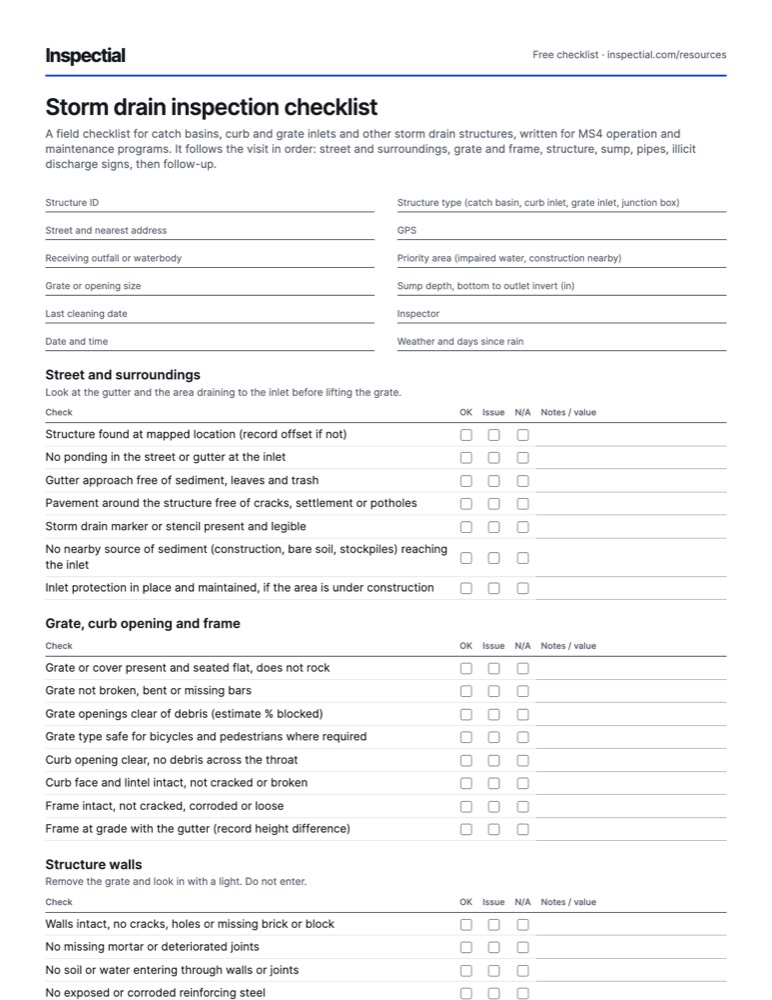 First page of the free Storm drain inspection checklist PDF