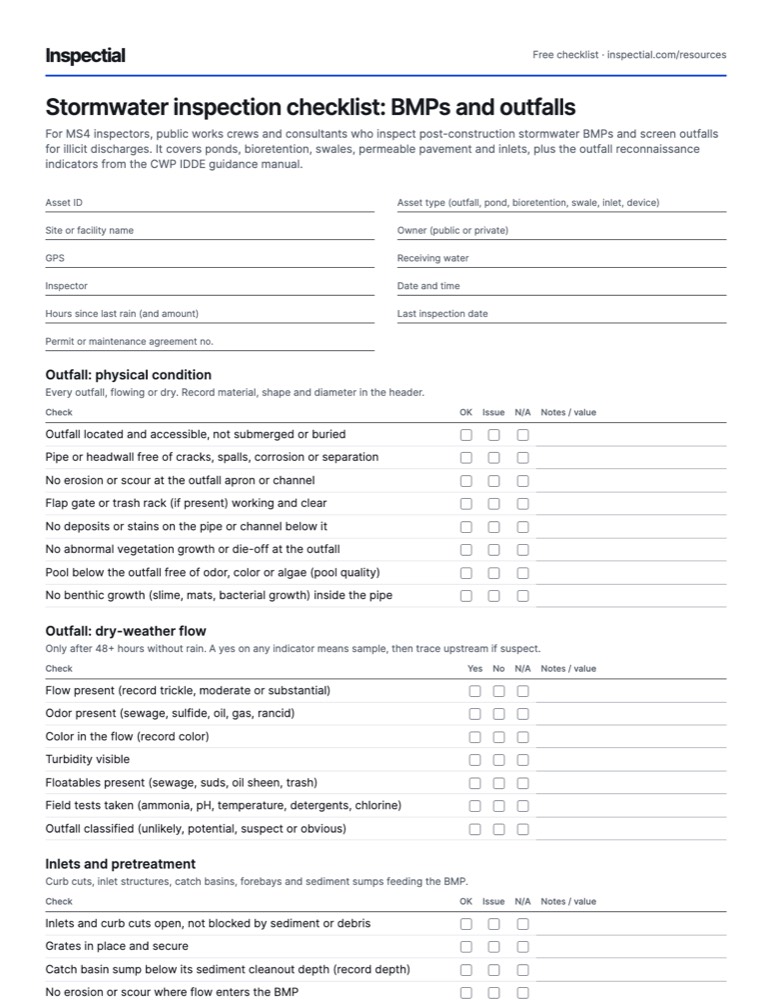 First page of the free Stormwater inspection checklist: BMPs and outfalls PDF