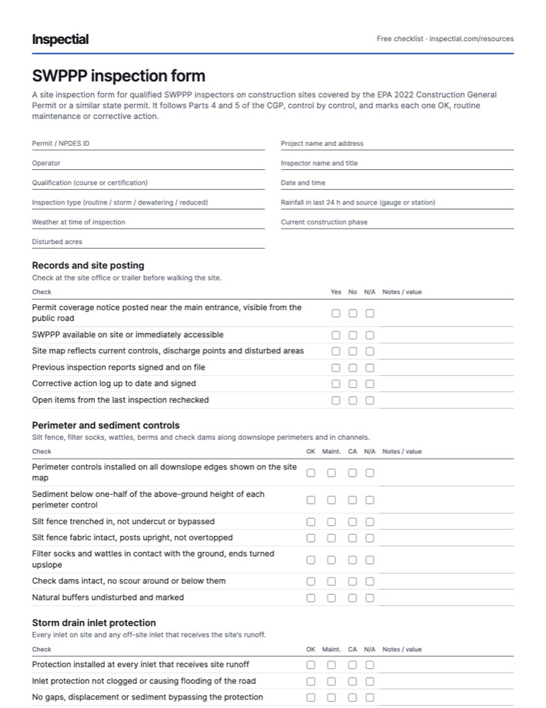 First page of the free SWPPP inspection form PDF