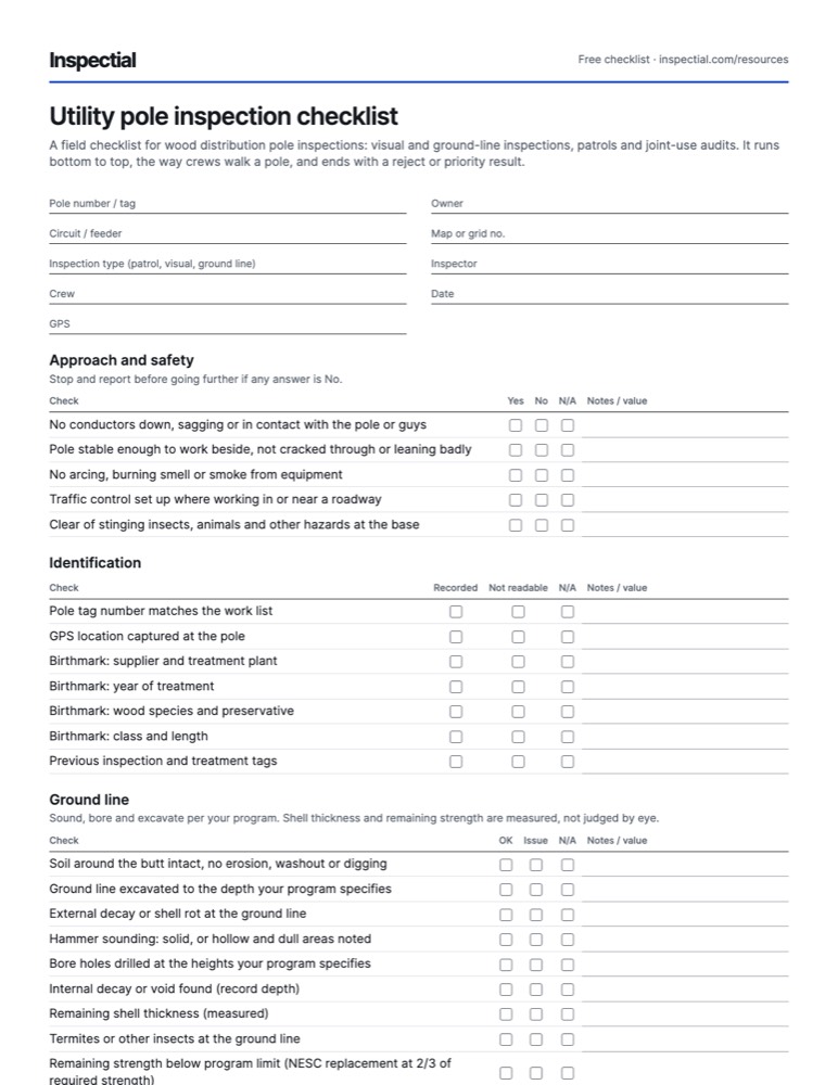 First page of the free Utility pole inspection checklist PDF
